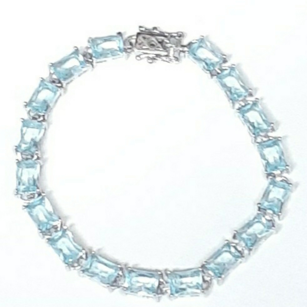Lab-Created Aquamarine .925 Silver CZ Bracelet, March Birthstone Jewelry Sz 7.25